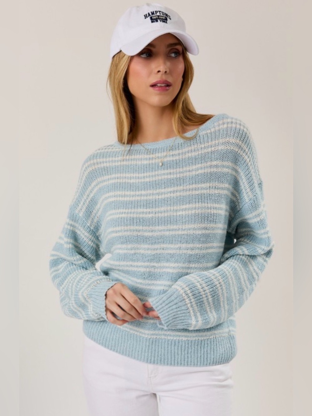 150. Light Blue & Cream Striped Crewneck Sweater
